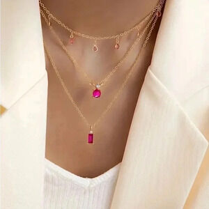 Gold, stainless steel, Creative retro imitation gemstone pendant multilayered